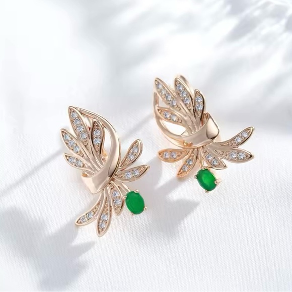 Zircon 585 Rose Gold Flower Leaf Vintage Earrings - Picture 3 of 5